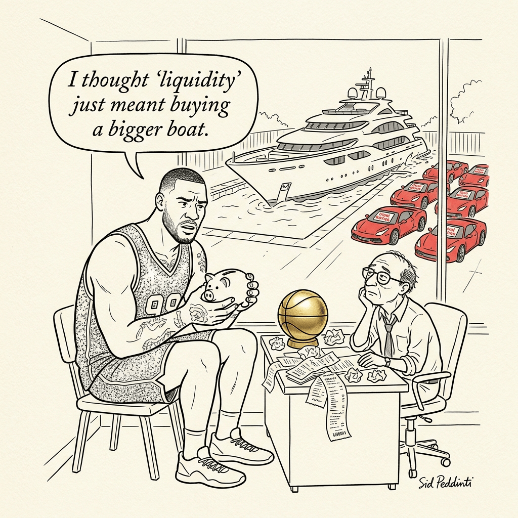 A cartoon depicting a basketball player holding a piggy bank, expressing confusion about 'liquidity' while sitting in an office with a financial advisor. In the background, a luxury yacht and several sports cars are visible.